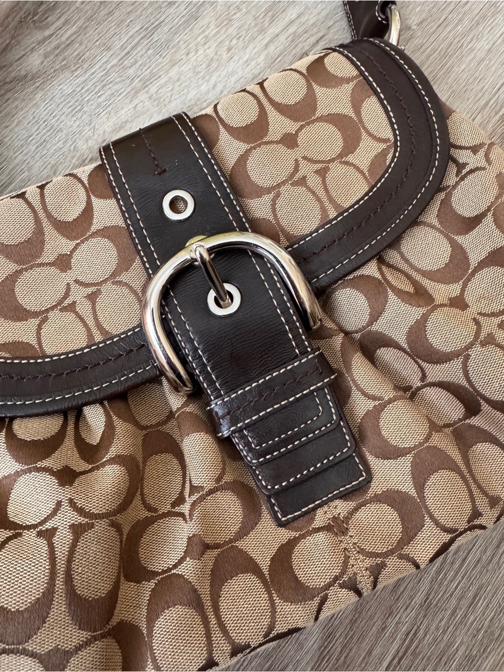 Coach SoHo Buckle Flap Shoulder Bag Brown F15203 Signature Monogram Pleated - Picture 2 of 8